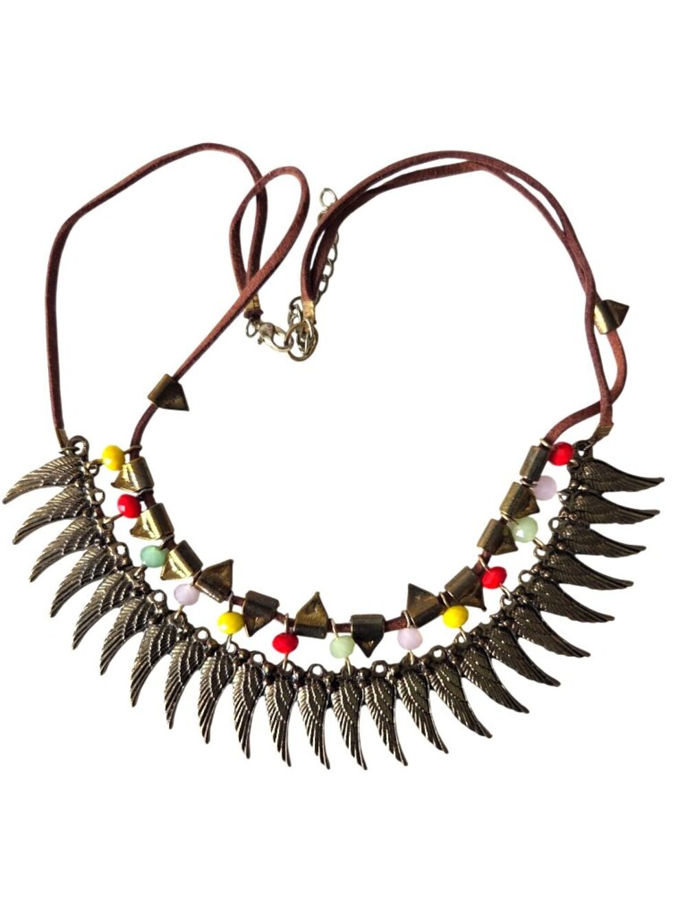 Boho-Inspired Multicolor Beaded Necklace With Bronze Wing Charms & Adjustable Br